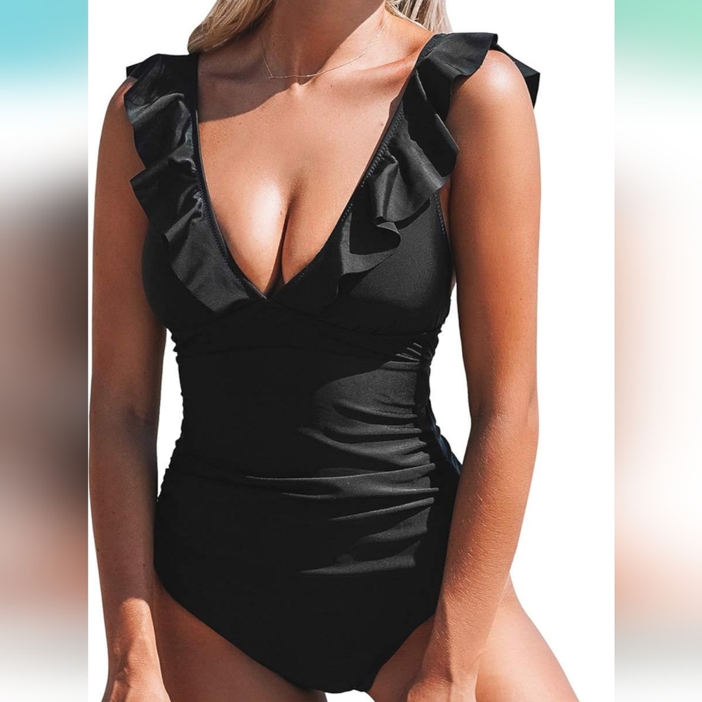 Black Ruffled V-neck Swimsuit Size M